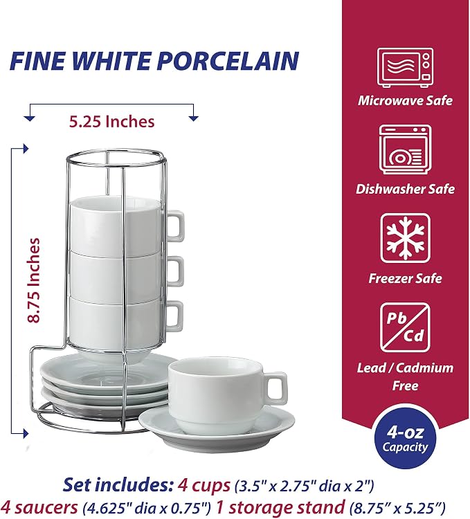 HIC Kitchen Stackable Espresso Coffee Set, Fine Porcelain, 9-Piece Set, 4-Ounce Service for 4 Plus Storage Stand