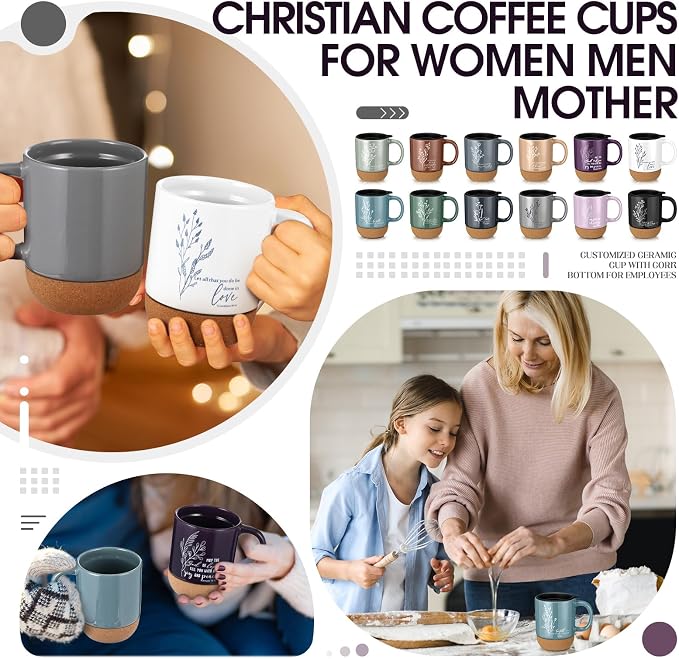FillTouch 12 Pcs Christian Mug Gifts Bulk 15oz Religious Cup Cork Bottom Coffee Mug with Verse Inspirational Gift for Women Men Pastor Church Group Bible Study Member(Boho,Flower)