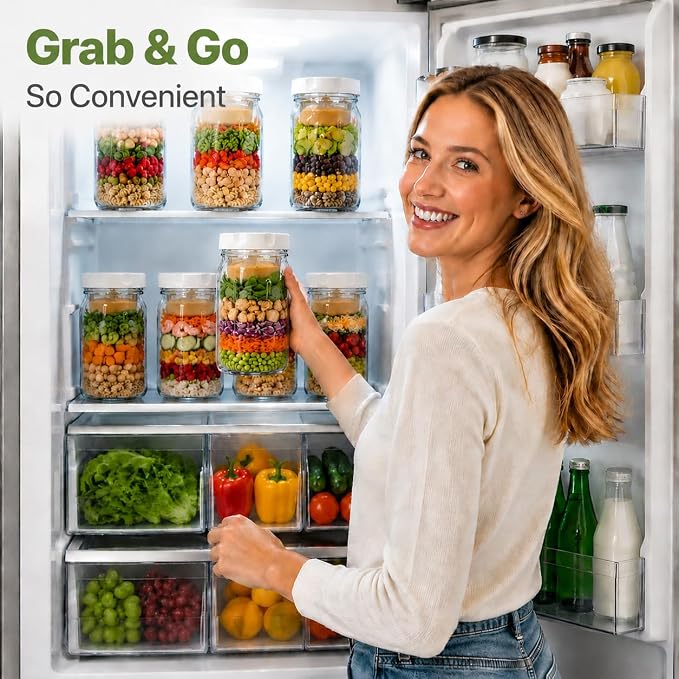 9PCS Salad Meal Prep Containers, 32oz Large Glass Salad Jars with Lids Meal Prep with 4 Forks, Leakproof Salad Container for Lunch with Separate Wet/Dry Dressing Cups for Home, Office and Outdoor