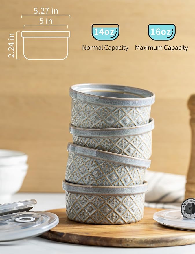 16 oz Ramekins with Lids Oven Safe, Ceramic Ramekins for Baking, Creme Brulee, Embossed Pudding Custard Ramekins for Souffle, Porcelain Baking Bowls Set of 4, Gray