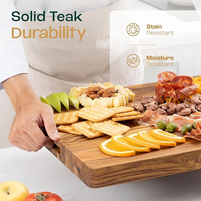 Yes4All Solid Teak Cutting Boards for Kitchen, [17''L x 13''W x 1.5” Thick] Medium Edge Grain Butcher Block Cutting Board, Food Surface Wood Cutting Boards with Juice Grooves and Easy Grip Handle