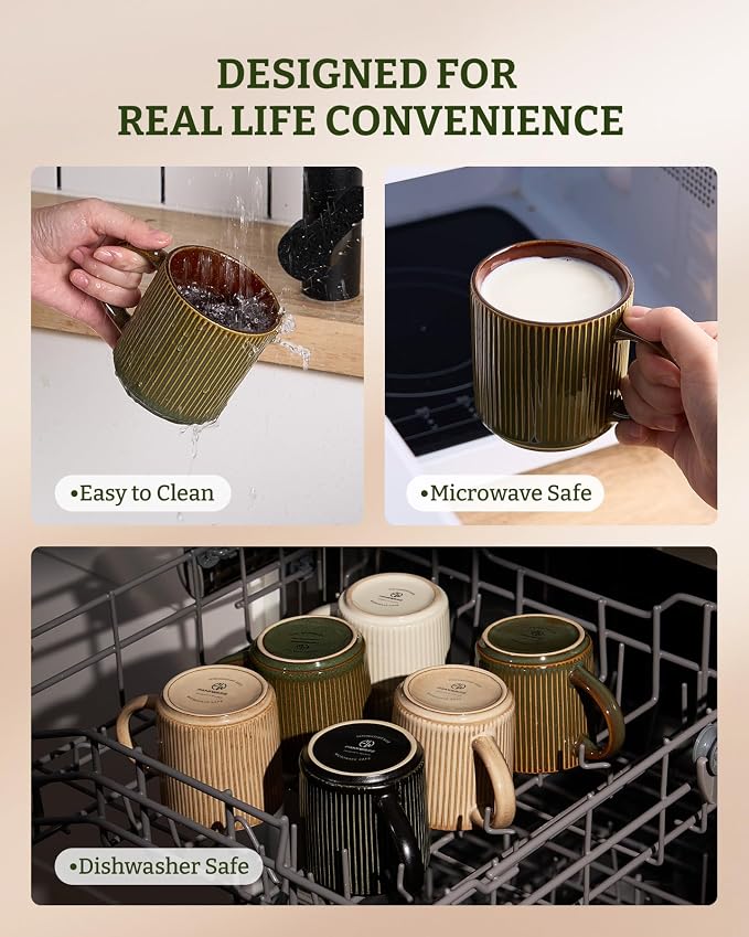 famiware Coffee Mug Set for 6, Star 12 oz Catering Mugs Cup Set with Handle for Coffee, Tea, Cocoa, Milk - Ceramic Stoneware Drinkware Set, Moss Cocoa