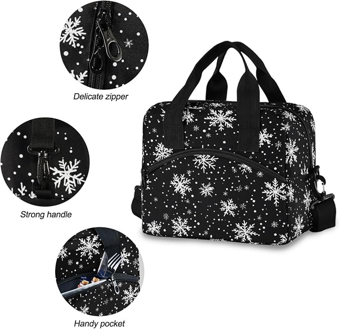 OREZI Reusable Lunch Bag for Girls Boys Women Men,White Snowflakes Black Lunch Box Container with Detachable Shoulder Strap,Insulated Lunch Coolers for School Office