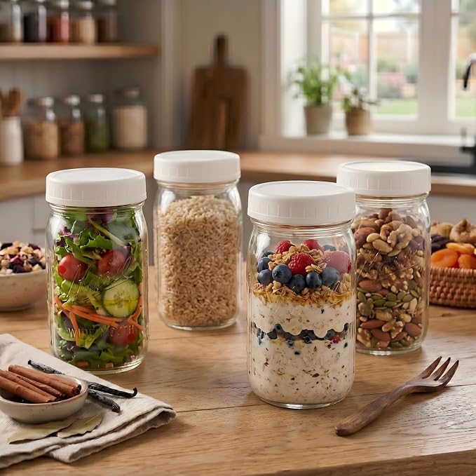 Wide Mouth Mason Jars 32 oz – 4 Pack Quart Size Jars with Airtight Lids for Food Storage, Snacks, Meal Prep & Lunch Leakproof - White