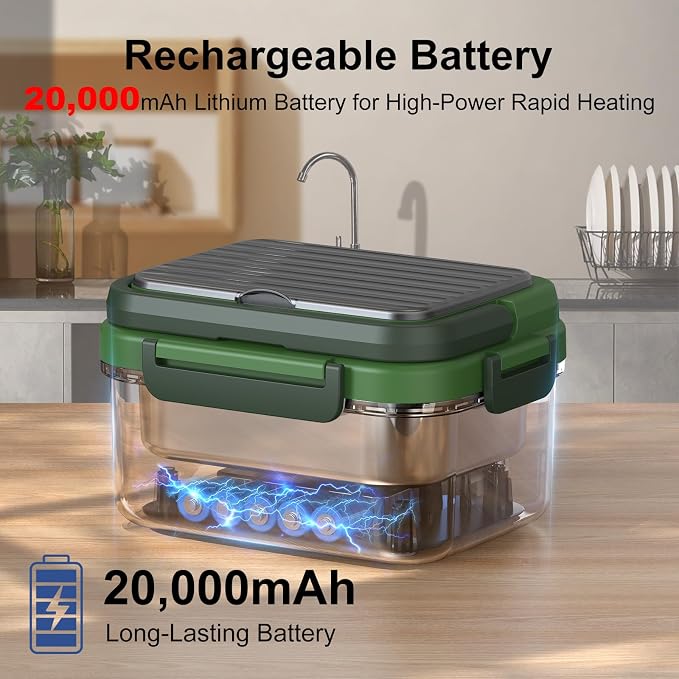 Cordless Electric Heated Lunch Box, 1.5L - 6.3 Cups 100W Rechargeable Smart Self-Heating Food Warmer with Removable Divider, Spoon, Fork, BPA Free, Portable Lunchbox for Car Travel Office Deep Green
