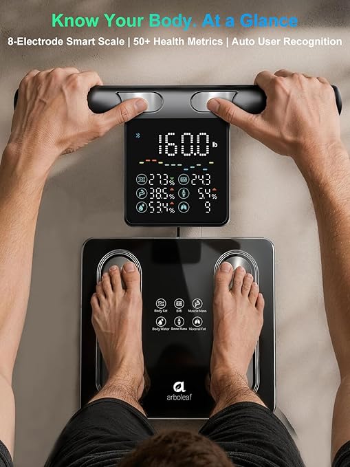 Arboleaf Smart Scale with Handle Display - 8-Electrode Body Pod Fat Scale, 50+ Metrics (BMI, Muscle, Visceral Fat), Bluetooth Scale for Body Weight, Unlimited Users, Home & Gym 400lbs, Black