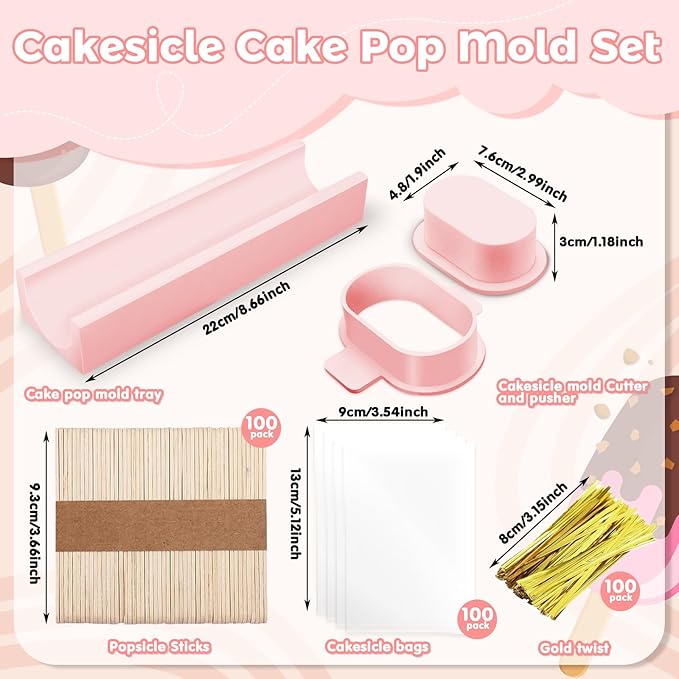 3 Inch Cakesicle Cutter and Cake Pop Mold Set with 8.7in Tray, 100 Wooden Sticks & 100 Bags, Silicone Cakesicle Mold for Homemade Cake Pops, Baking, Birthdays and Party Desserts (Pink)