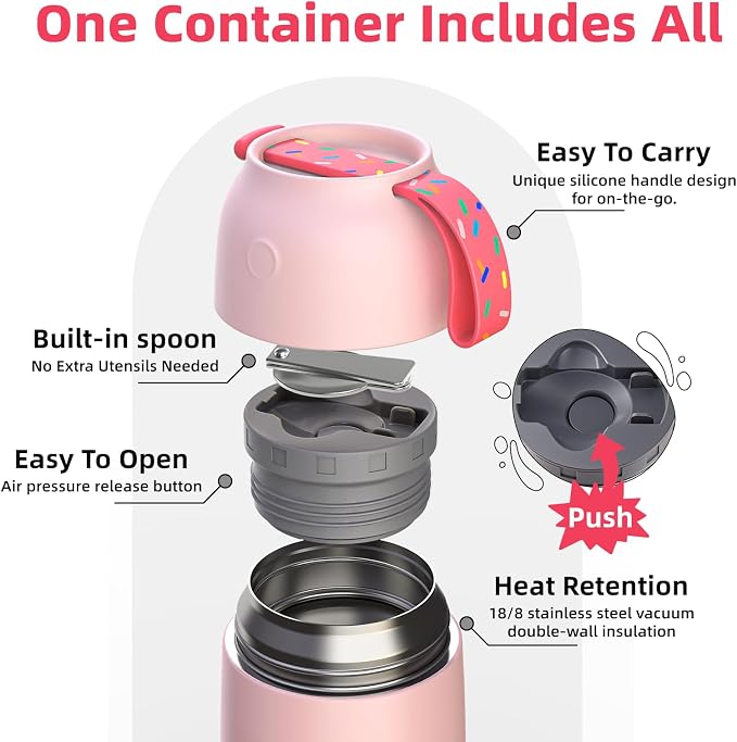 2 Pack Insulated Food Jar Set, 26oz & 18oz Stainless Steel Vacuum Insulated Soup Containers for Hot Food, Leak-Proof Thermal Food Jars with Spoons, Cute Stylish Design for School, Work & Travel (Pink)