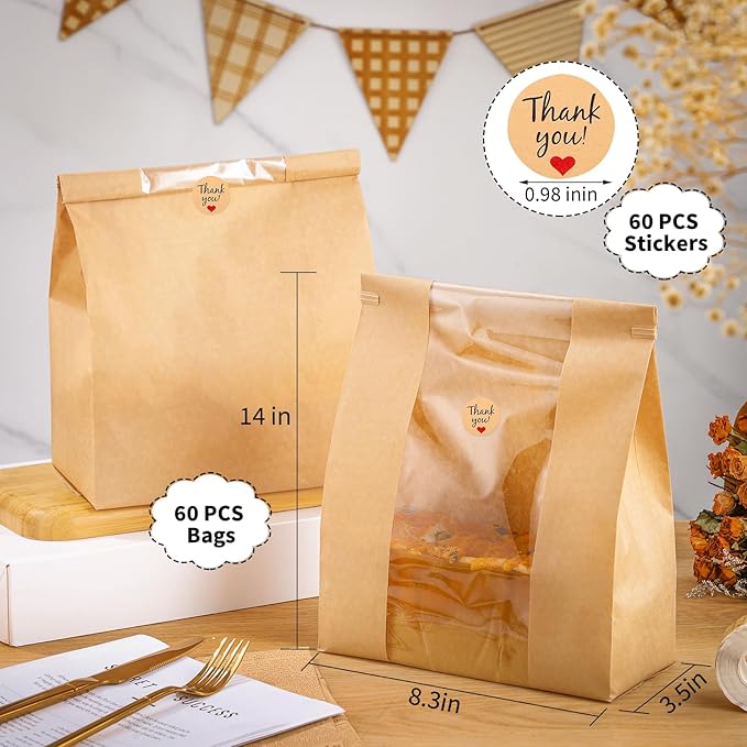 woric 60 Pack Paper Bread Bags for Homemade Bread 14" X 8.3" X 3.5", Sourdough Bread Bags with Tin Tie Tab Lock Clear Front Window and Label Seal Stickers Bakery Bags for Cookies Bread and Treats