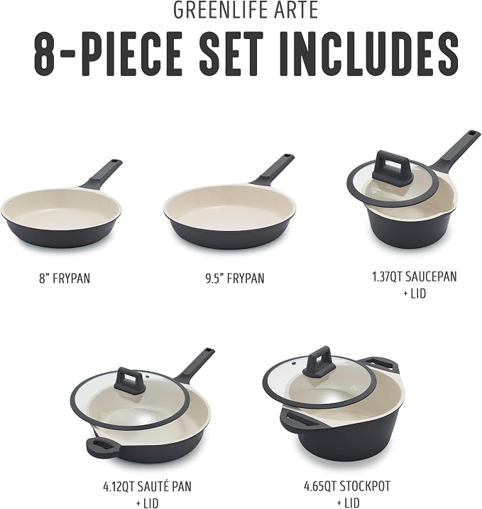 GreenLife 8 Piece Ceramic Nonstick Cookware Set, Induction Suitable Non Toxic PFAS-Free Pots & Pans, Dishwasher Safe, Cooking Set, Stock Pot, Saucepans & Frying Pans, Kitchen Cooking, Graphite