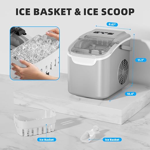 Antarctic Star Countertop Ice Maker, Portable Ice Machine with Carry Handle, 26.5Lbs/24H, 2 Sizes Bullet Ice, 8Cubes in 6 Mins Office/Kitchen/Bar Grey