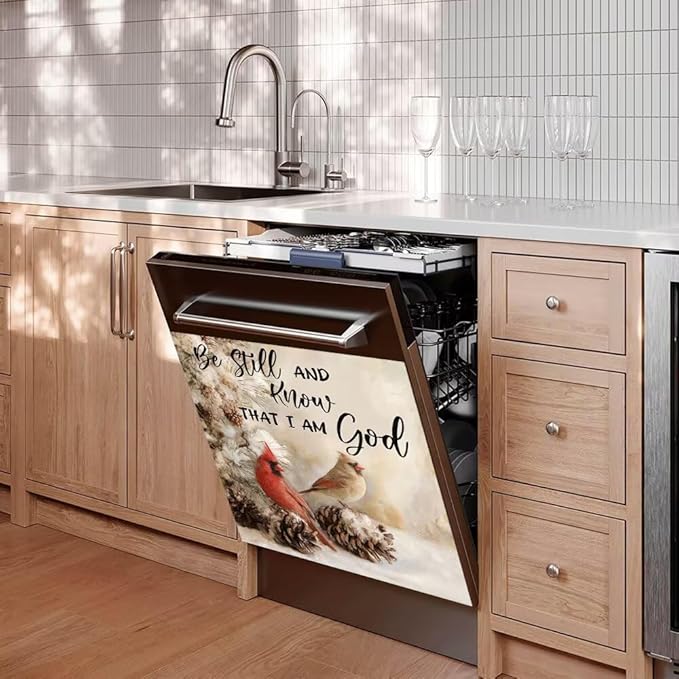 Hummingbird Magnetic Dishwasher Cover, Christian Dishwasher Door Magnetic Cover, Pine Cone Magnet Sticker, Winter Landscape Refrigerator Panel Decal, Decorative Sticker,23"x17"