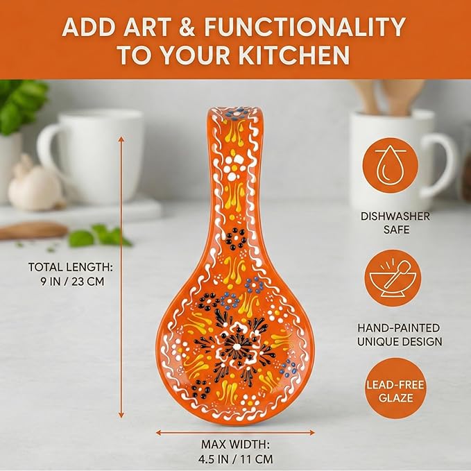 BCS Ceramic Spoon Rest, Large 9” Hand Painted Spoon Holder for Stove Top & Kitchen Counter, Dishwasher Safe & Heat Resistant Utensil Holder, Floral Kitchen Decor, Handmade Pottery