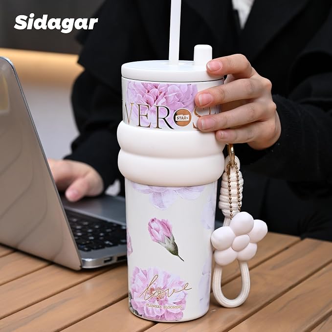 24 oz Stainless Steel Tumbler with Lid and Straw, Insulated Coffee Mug, Leak Proof, Portable Iced Travel Water Bottle, Reusable Thermal Coffee Cup, Floral White