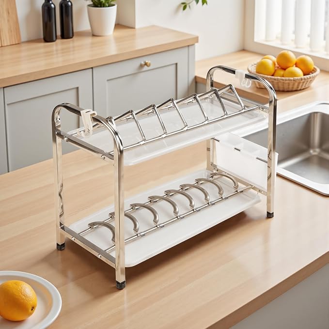 Dish Drying Racks,2 Titers Stainless Steel Dish Racks for Narrow Kitchen Counter,Dishwashing Rack with Adjustable Bowl and Plate Clips for Small RVs,17.9''D x 7.24''W x 14.96''H