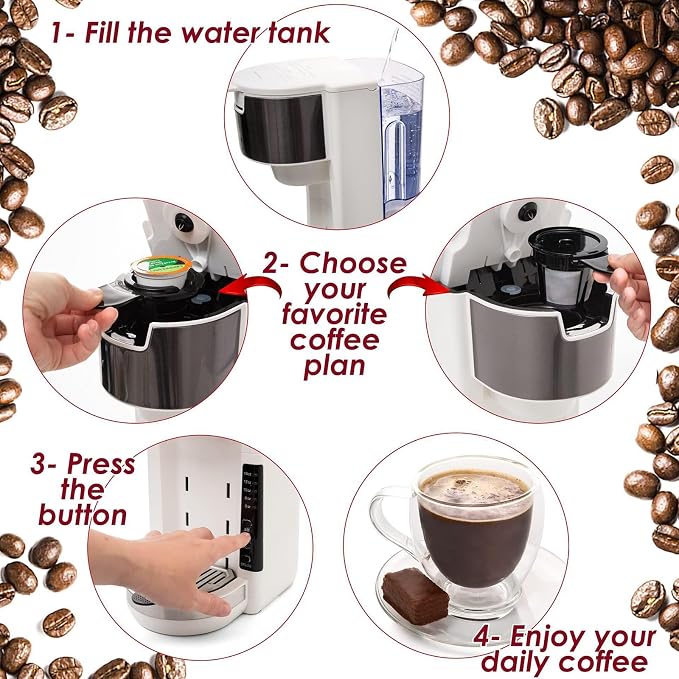 Single Serve Coffee Maker, 2 in 1 for Ground Coffee&Pods, 180s Rapid Brew with 5 Cup Sizes 6-14oz, Auto Shut Off, Small Compact Travel Coffee Machine for Home Office Camping