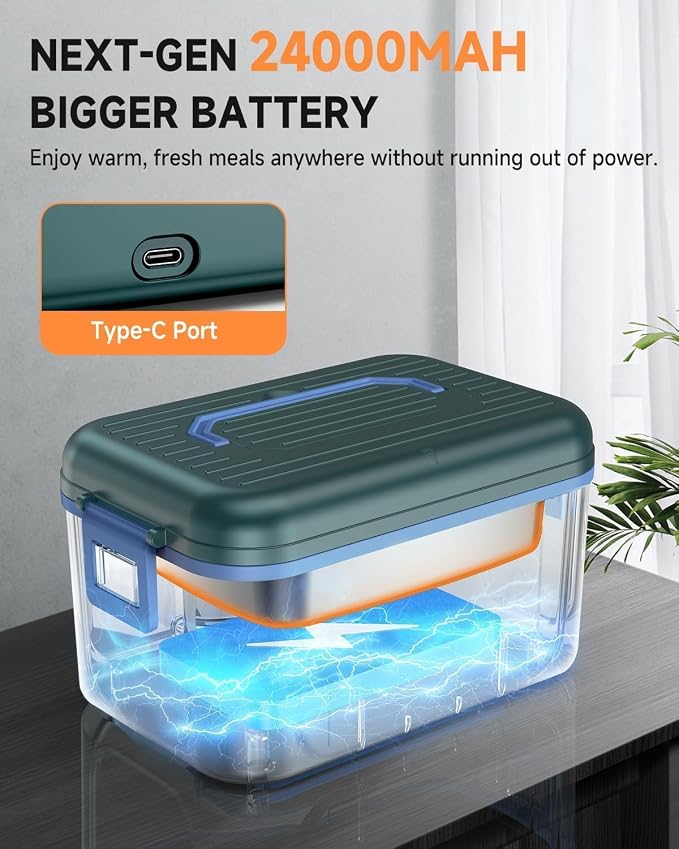 GEARGO 𝟐𝟎𝟐𝟔 Cordless Electric Lunch Box for Adults, 6.3 Cups & 24000mAh Rechargeable Heated Lunch Box with Ice Crystal Box, 24 Hours Scheduled Self Heating Lunchbox For Men Women(Blue)