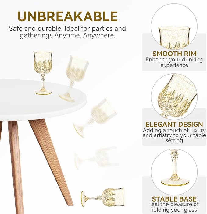 Sliner 48 Pcs 7oz Plastic Vintage Wine Glasses Drinking Goblets Unbreakable Crystal Water Glassware Reusable Diamond Champagne Flutes Cups for Wedding Banquet Birthday Party Supplies (Gold Glitter)