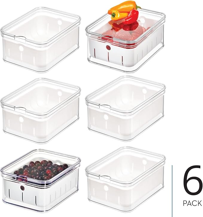 iDesign Small Fridge Berry Bin with Removable Colander Basket and Lid - Set of 6 - Clear/White