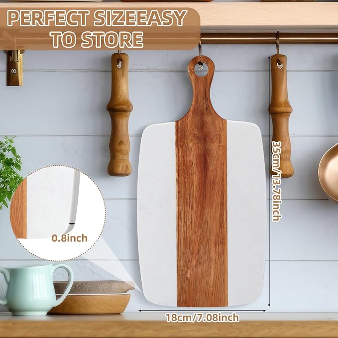 Zubebe 6 Pcs Marble and Wood Cutting Board Acacia Wooden Marble Serving Tray with Handle Charcuterie Chopping Board for Kitchen Wedding Bridal Shower Gift(14 Inches X 7 Inches)