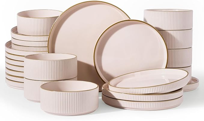 Famiware Star 24-Piece Stoneware Dinnerware Set for 8 – Pink, Ribbed Ceramic Plates and Bowls with Rim – Modern Rustic Dishes, Everyday & Formal – Chip & Scratch Resistant, Microwave & Dishwasher Safe