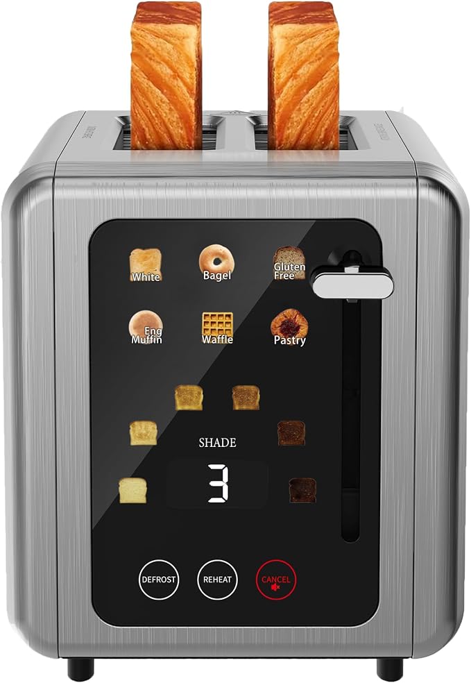 Touch screen Toasters 2 slice,Stainless Steel Digital Timer Toaster with Sound Function,6 Bread Types & 6 Shade Settings,Smart Extra Wide Slots Toaster with Bagel,Defrost Functions,Grey