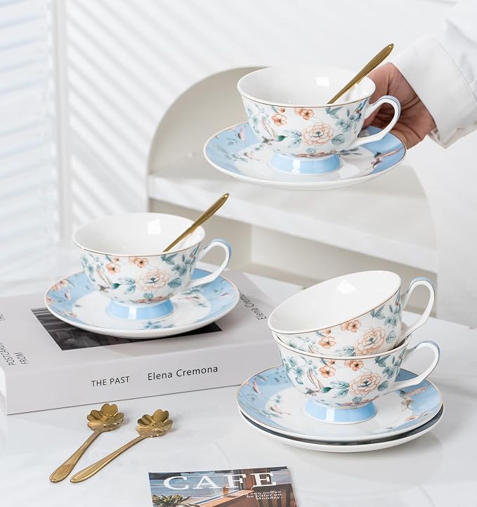Jusalpha Porcelain Tea Cup and Saucer Set with Golden Spoon, Blue Floral Pattern, 12 Piece, 7 Oz, Modern Style, Hand Wash