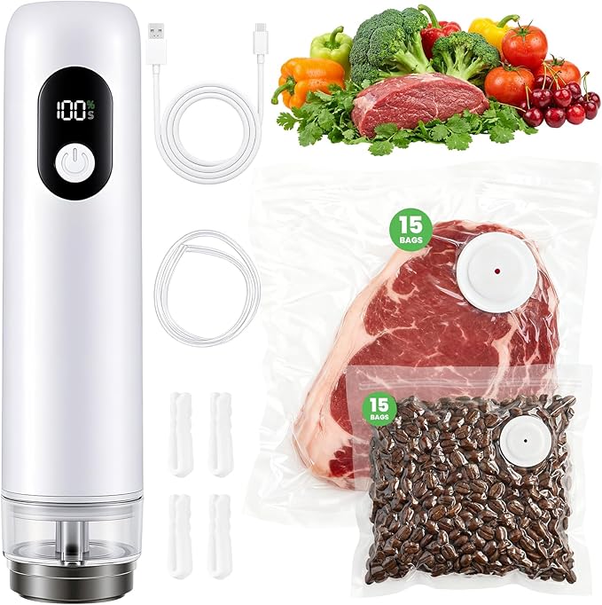 Compact Vacuum Sealer Machine 1500mAh Battery, Handheld Food Sealer with 30 Reusable Bags, 60kPa Suction & USB-C Charging, Portable Vacuum Sealer for Dry/Moist/Canister/Wine
