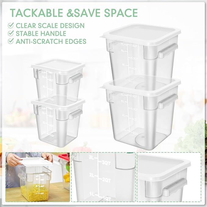 Lallisa 4 Pcs 8qt & 4qt Clear Food Storage Containers with Lids Handles and Scales, Stackable Plastic Square Food Storage Containers for Dough Proofing Baking Kitchen Restaurant(White)