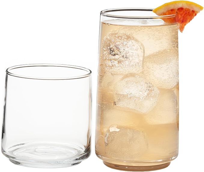 Anchor Hocking Finlandia Drinking Glasses, 16 Piece Set, (8) 12 Ounce, (8) 16 Ounce, Clear Glass