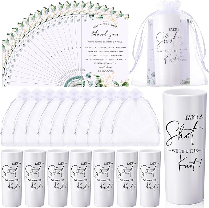 Sliner 50 Set Wedding Favors for Guests Bulk 2oz Acrylic Take a Shot We Tied the Knot Shot Glasses with Thank You Cards Organza Bags for Guest Souvenir Wedding Bridal Shower Gifts (White,Black)