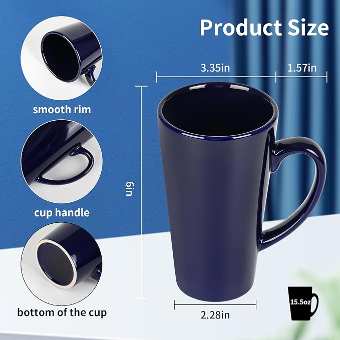 BYCNZB 16oz Funnel Ceramic Tall Coffee Mugs for Coffee, Tea, Cocoa, Latte, Milk set of 4(Cobalto)