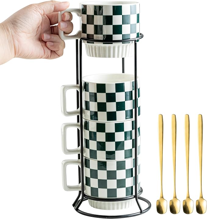 Miamolo Coffee Mugs with Stand and Spoons, Stacking Space-saving | 11oz, Set of 4 | Checkered Coffee Mug with Rack | Housewarming Birthday Gift | Dishwasher Safe | for Home Kitchen Office