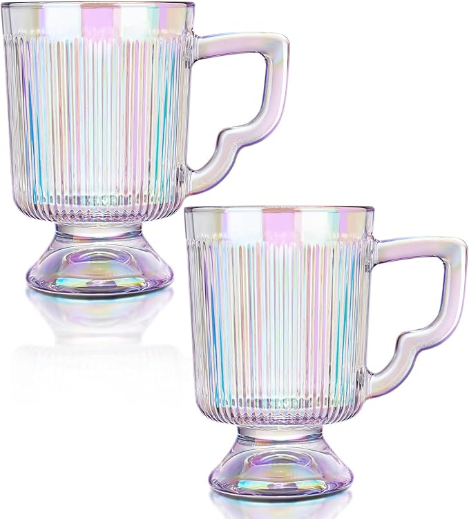 Joeyan Iridescent Glass Coffee Mugs,Vintage Ribbed Coffee Cups with Handle,Tea latte Cappuccino Espresso Milk Cups,Rainbow Drinking Glasses,12 oz,Set of 2