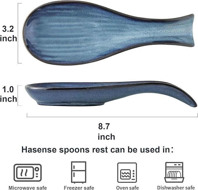 Ceramic Spoon Rest for Stove Top, Large 8.7 Inch Spoon Holder for Kitchen Counter, Porcelain Utensil Rest for Ladle, Spatula, Housewarming Gift, Dishwasher Safe and Heat-Resistant, Blue, Set of 2