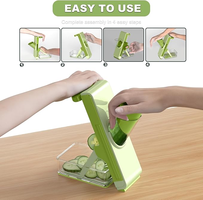 Eletronova Safe Mandoline Slicer for Kitchen, Multi Vegetable Chopper with Thickness Adjuster, Finger-Safe Food Holder, Potato/Onion/Cucumber Slicer for Fast Meal Prep, Easy Clean(Light Dark Green)
