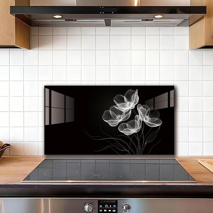 LMSDYSHU Tempered Glass Backsplash for Kitchen, Black line stripes, Frameless, Stove Backsplash Protector for Wall,Easy to Clean, Home Decor (30"x16")