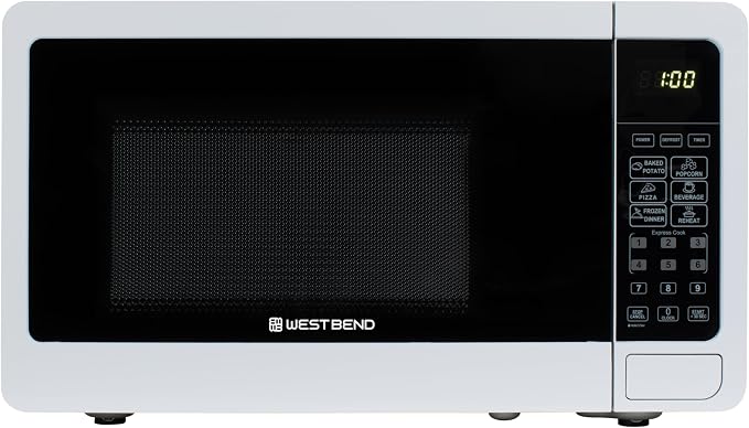 West Bend 0.7 Cu. Ft. Countertop Microwave Oven, 700W with 6 Pre-Programmed Cooking Settings, Speed Defrost, Electronic Control Panel, Rotating Glass Turntable, Add 30 Seconds Button, White