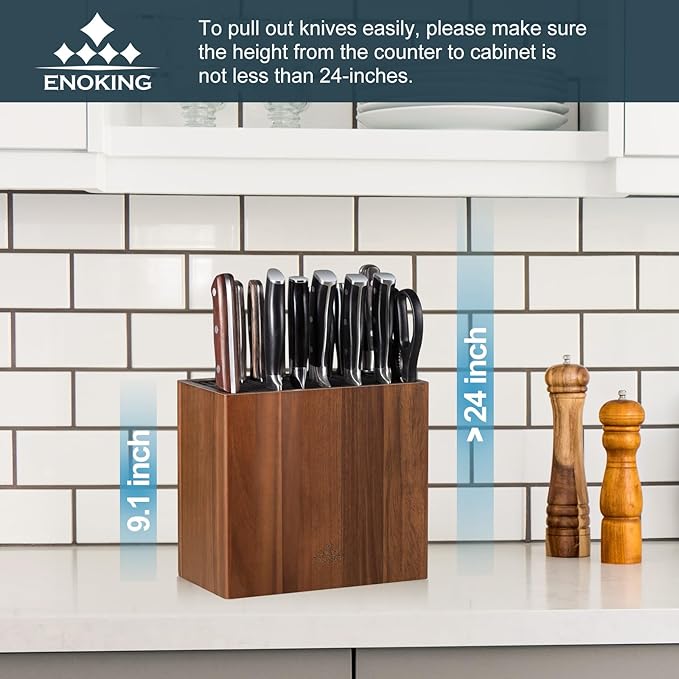 ENOKING XXL Acacia Wood Knife Holder – Large Universal Knife Block with Blade-Protecting Slots, Holds 26+ Knives, Scissors, and Sharpening Rods, Space-Saving Kitchen Storage Organizer
