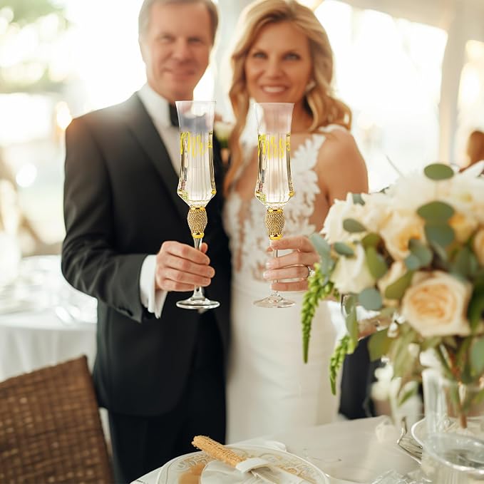 Wedding Cake Knife and Server Set, Gold Cake Cutting Set for Wedding, Mr and Mrs Champagne Flutes for Bridal Shower Gifts Engagement Gifts for Couples