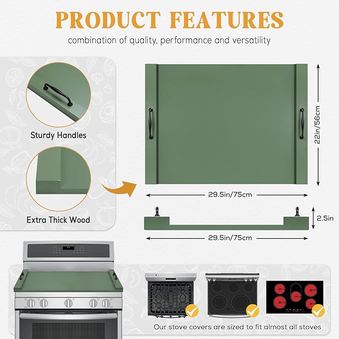 GASHELL Noodle Board Stove Cover with Handles, Multiple Stove Top Cover Board for Electric/Gas Stove Top(Forest Green)
