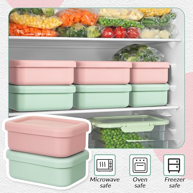 Teenyyou 6 Packs 1 Cup Silicone Soup Freezer Molds with Lid Silicone Soup Freezer Trays Rectangle Reusable Food Preserving Tray Freezing Sauces Stews(Pink, Sage Green)
