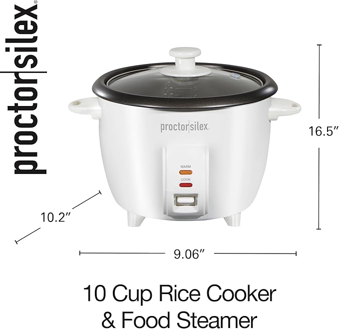 Proctor Silex Rice Cooker & Food Steamer, 10 Cups Cooked (5 Cups Uncooked), Includes Steam and Rinsing Basket, White (37533G)