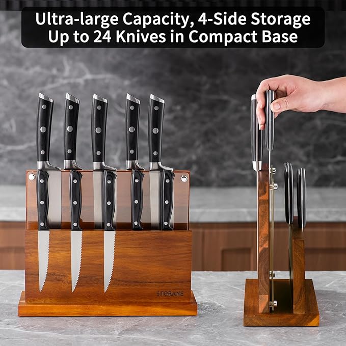 Magnetic Knife Block Extra Large Four-Side Kitchen Knife Holder With Strong Magnetic Strips -Acacia Wood Universal Knife Storage Organizer with Acrylic Shield No Drilling Rack for Kitchen Counter