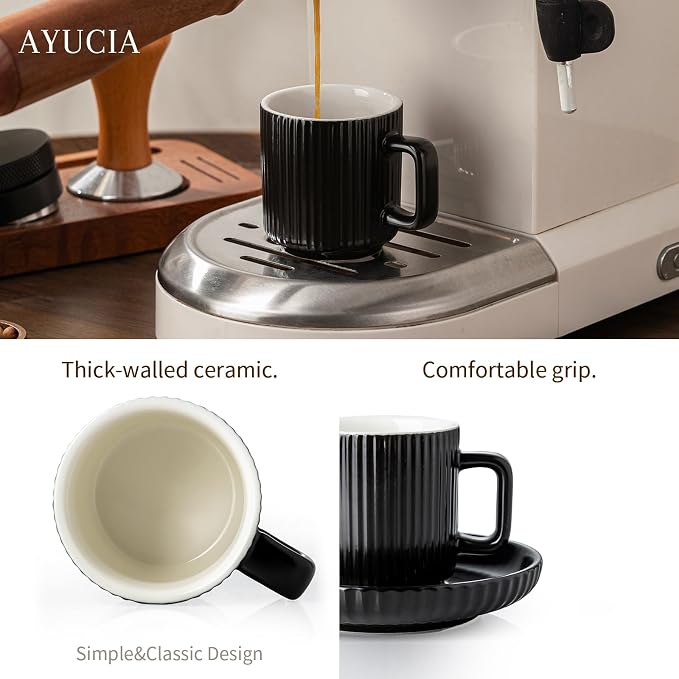 2.5OZ Mini Espresso Cups Set of 4, Black Ceramic Demitasse Espresso Mugs with Saucers, Small Coffee Cups for Single/Double Espresso Shots