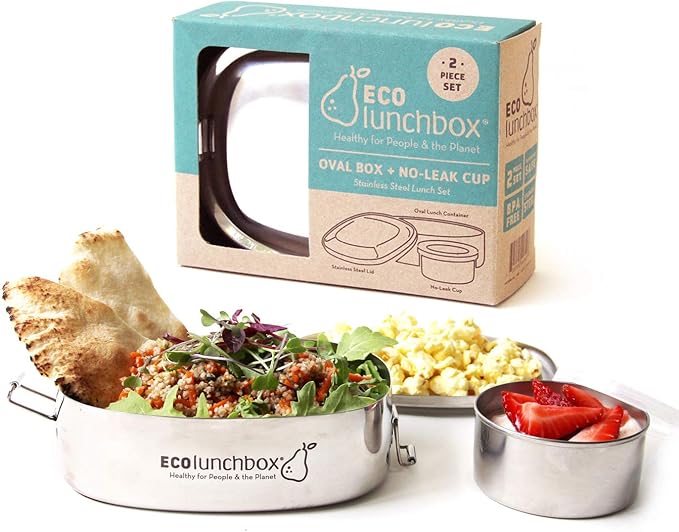 ECOlunchbox Oval & Snack Cup – 2-Piece Stainless Steel Lunch Set, 30 oz Total (24 oz Oval + 7 oz Leak-Proof Cup), Plastic-Free, Dishwasher & Oven Safe