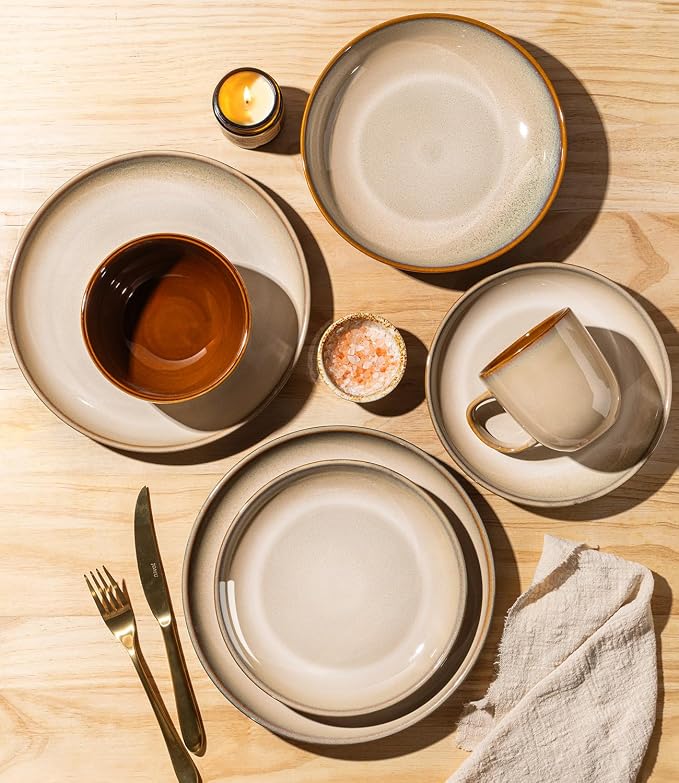 LERATIO Ceramic Dinnerware Sets for 4, 12 Pieces Ceramic Plates and Bowls Sets, Scratch Resistant Dish Set, Oven, Microwave & Dishwasher Safe-Pale Kahki