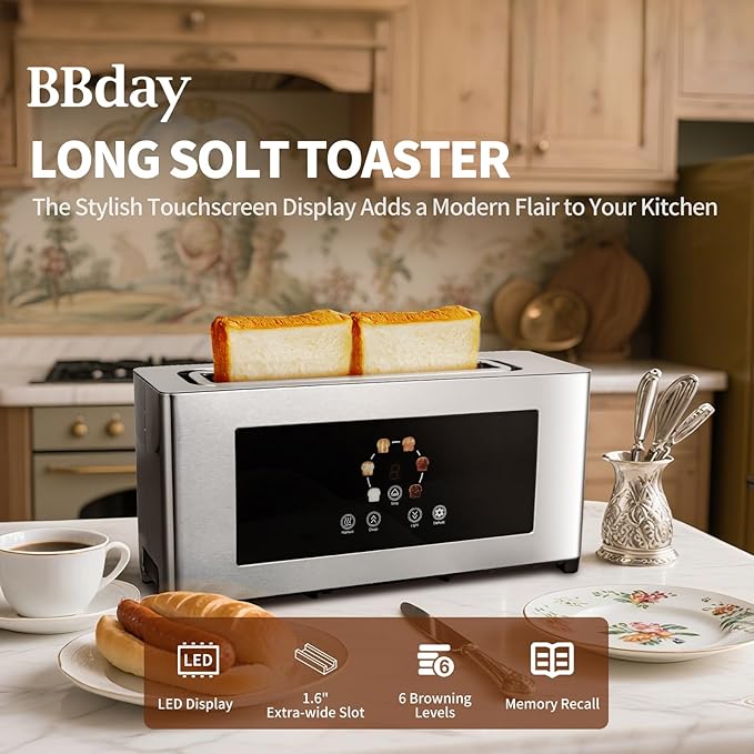 Touch Screen Toaster with Defrost & Removable Tray, 2 Slice Slim Toaster with Long Slot for White Bread, 6 Browning Levels, 1200W Compact Stainless Steel
