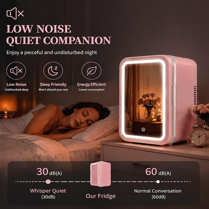 4 L / 6 Cans mini skincare fridge with Dimmable LED Light Mirror, Mini Fridge for Skin Care, Cosmetics, Beverage, Beauty Fridge for College Dorm, Office, Home, Car, Travel cooler and warmer (pink)