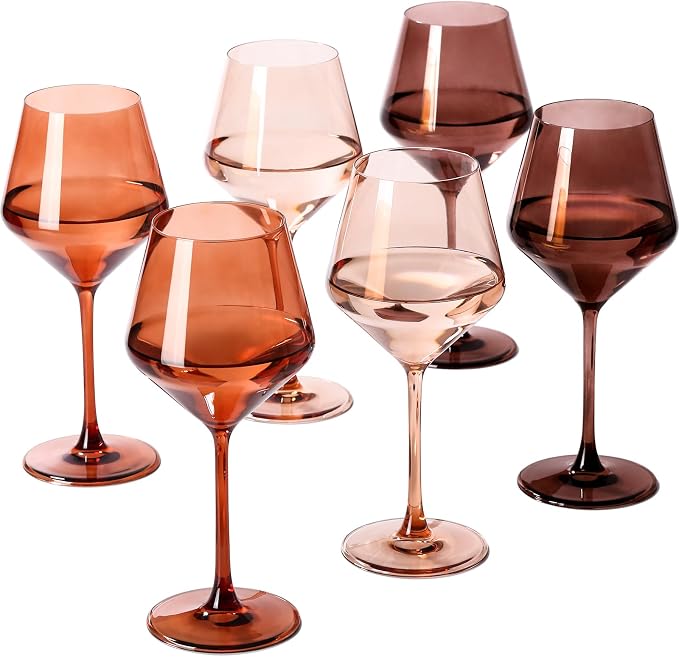 Venus Colored Wine Glasses Set of 6-17.5【Hand Blown】 Brown Wine Glasses with Tall Long Stems, Elegant Amber Melanin Colored Glassware - Unique Gifts for Wine Lovers-Wedding Gifts